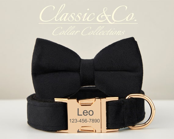 Black Velvet Boy Dog Collar Bow Tie Lead,Metal Buckle,Dog Collar With Engraved Pet Name Metal Buckle
