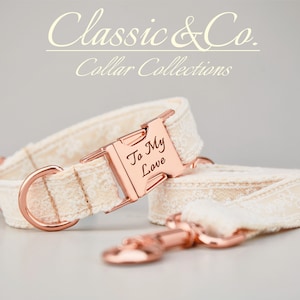 May include: A white dog collar and leash set with rose gold hardware. The collar has a buckle with the engraved text "To My Love".
