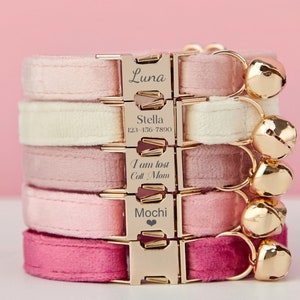 Luxus Samt Rosa Pfirsich personalisierte Katzenhalsband Fliege Leine Set, benutzerdefinierte Kätzchen Welpe Namensschild, kostenlose Gold Glocke, kleiner Hund graviert Haustier Geschenk Bild 1