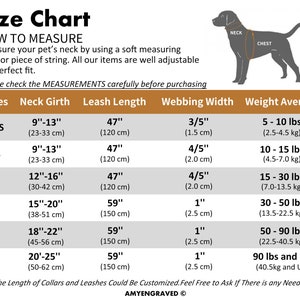 May include: Size chart for dog collars and leashes, showing neck girth, leash length, webbing width, and weight average in inches and pounds. Sizes include XXS, XS, S, M, L, XL.