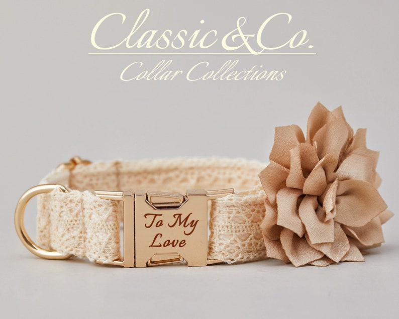 May include: A beige lace dog collar with a gold buckle engraved with "To My Love". A beige fabric flower is attached to the collar.