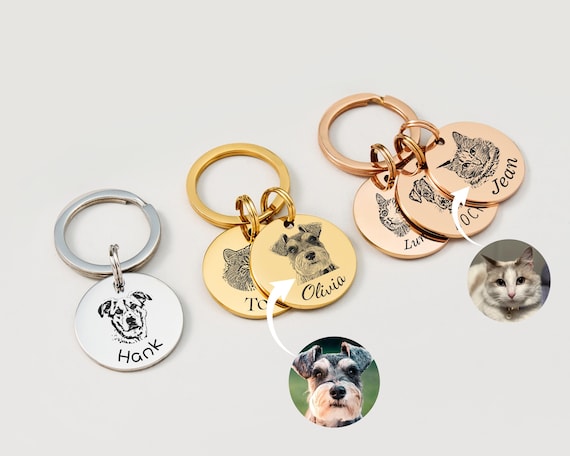 Custom Engraved Pet Portrait Keychain,Personalized Dog and Cat Image Memorial Tag,Stainless Steel Sketch Keyring,Unique Gift for Pet Lovers