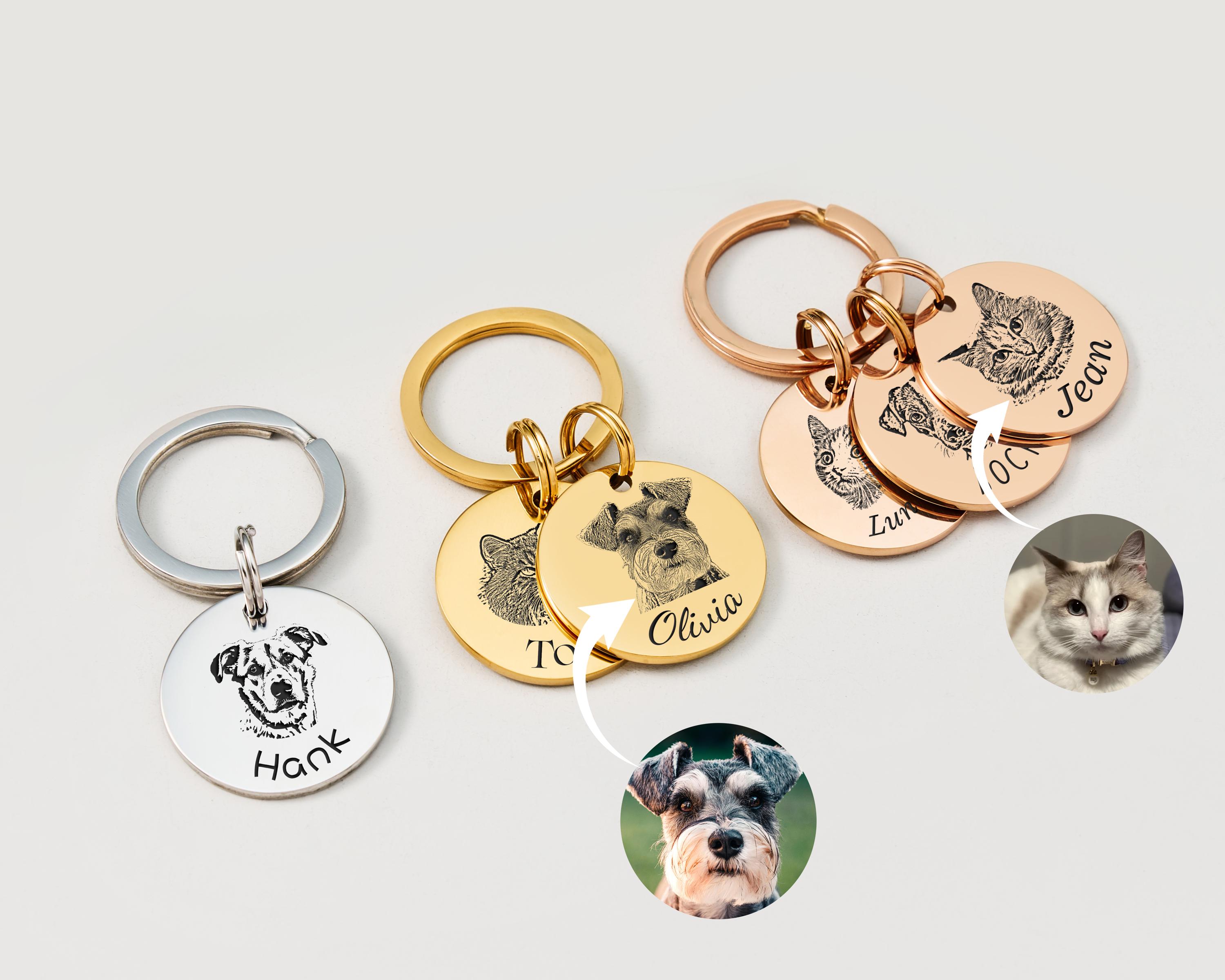 Custom Engraved Pet Portrait Keychain,Personalized Dog and Cat Image Memorial Tag,Stainless Steel Sketch Keyring,Unique Gift for Pet Lovers