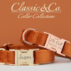 Caramel Velvet Personalize Dog Collar Leash Set with Flower & Bow Tie for Male Female Pet,Gold Engraved Name Tag,Wedding Puppy Gift