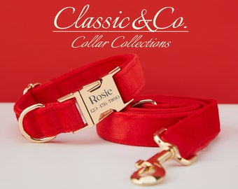 Red Velvet Personalized Dog Collar Bow Tie Leash Set,Custom Engraved Pet Name Metal Buckle,Luxury Birthday Puppy Gift,FREE Shipping