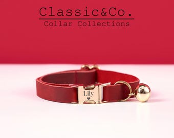 Silent Cat/Pet Collar Personalized, Custom Genuine Leather Solid Kitten Collar, Engraved Metal Buckle+Free Name Tag, Gift for Pet Lovers