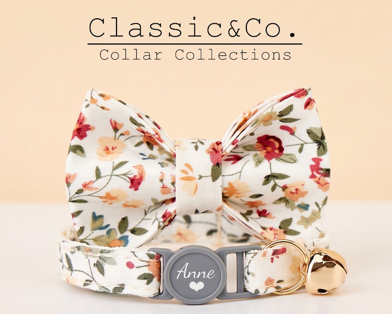 Ensemble de laisse avec collier de chat personnalisé floral coloré échappée, nœud papillon personnalisé gravé, boucle de sécurité personnalisée avec nom de chaton, cloche en or gratuite, cadeau pour animal de compagnie image 2