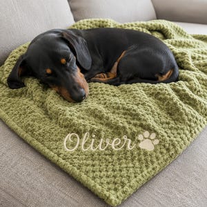 May include: A black and tan dachshund sleeping on a textured olive green blanket. The blanket features the embroidered name Oliver in a cursive script font, accompanied by a small embroidered paw print design in a light beige thread color.