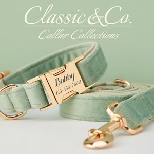 SageGreen Velvet Personalized Dog Collar Bow Tie Leash Set,Custom Engraved Pet Name Metal Buckle,Luxury Birthday Puppy Gift,FREE Shipping