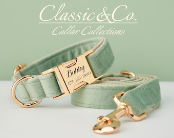 SageGreen Velvet Personalized Dog Collar Bow Tie Leash Set,Custom Engraved Pet Name Metal Buckle,Luxury Birthday Puppy Gift,FREE Shipping