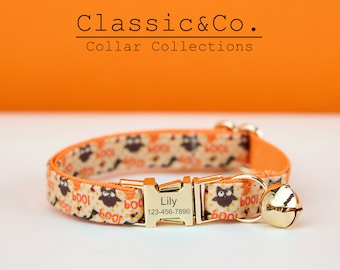 Collar para gato con diseño de calabaza fantasma para Halloween, con etiqueta de nombre personalizada, ajustable, con hebilla de campana plateada, ideal como regalo navideño para gatitos espeluznantes.