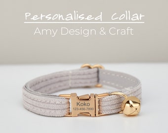 LightGray Corduroy Velvet Personalized Cat Collar and Leash Set with Gold Bell,Custom Puppy Name TagLuxury Velvet Cat Collars Gold Bell