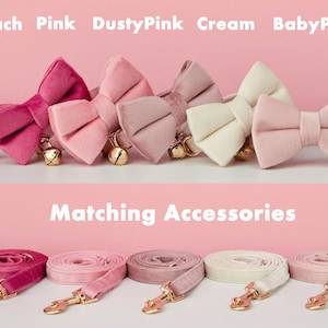 May include: Five velvet bow ties in different shades of pink, including peach, pink, dusty pink, cream, and baby pink. Each bow tie has a gold bell on each side. Matching leashes in the same colors are shown below. "Matching Accessories" is written in white text on a pink background.