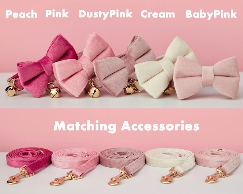 May include: Five velvet bow ties in different shades of pink, including peach, pink, dusty pink, cream, and baby pink. Each bow tie has a gold bell on each side. Matching leashes in the same colors are shown below. "Matching Accessories" is written in white text on a pink background.