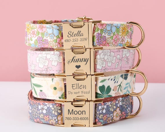 Pink Floral Dog Collar and Leash Set with Bow,Custom Engraved Name Metal Buckle, Wedding Puppy Gift, Adjustable Dog Collar, Gift for Dog