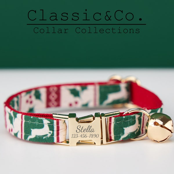 Merry Mistletoe Christmas Cat Collar, For Boy Girl, Adjustable Kitten Collar with Gold Bell and Buckle, Cat & Small Dog Holiday Gift Ideas