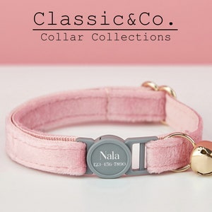 Breakaway Pink Velvet Personalized Cat Collar Bow Tie Leash Set,Custom Engraved Kitten Name Safety Buckle,Free Gold Bell,Female Pet Gift