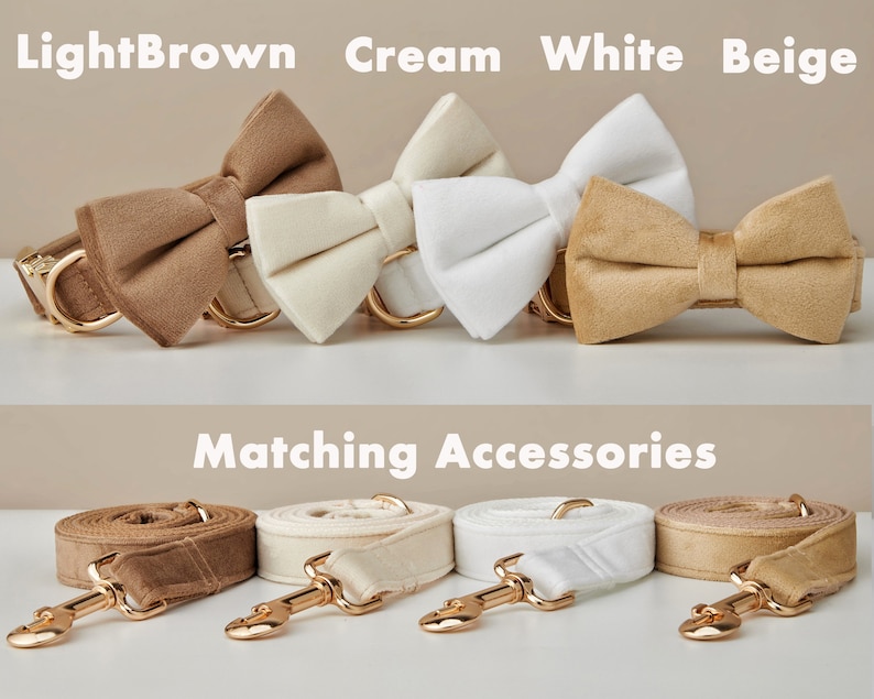 Multiple Colour Velvet Personalise Dog Collar Leash Set with Bow,BrownBeigeWhite,Engraved Pet Name Plate Metal Buckle,Wedding Puppy Gift image 4
