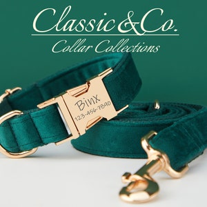 Emerald Velvet Personalized Dog Collar Bow Tie Leash Set,Custom Engraved Pet Name Metal Buckle,Luxury Birthday Puppy Gift,FREE Shipping