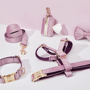 Op de afbeelding: Een set paarse fluwelen hondenaccessoires, waaronder een halsband, een riem, een harnas, een poepzakhouder en een strik. De halsband en het harnas zijn gepersonaliseerd met de naam "Stella" en een telefoonnummer.