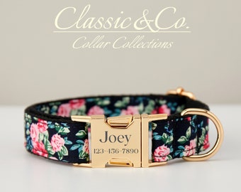 Floral Personalized Dog Collar Bow Tie Leash Set,Custom Engraved Pet Name Metal Buckle,Lilac Birthday Puppy Gift,FREE Shipping