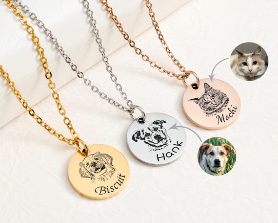 Personalized Pet Portrait Necklace, Custom Laser Engraved Cat Necklace with Photo or Name, Memorial Jewelry Customized Gifts for Dog Mum