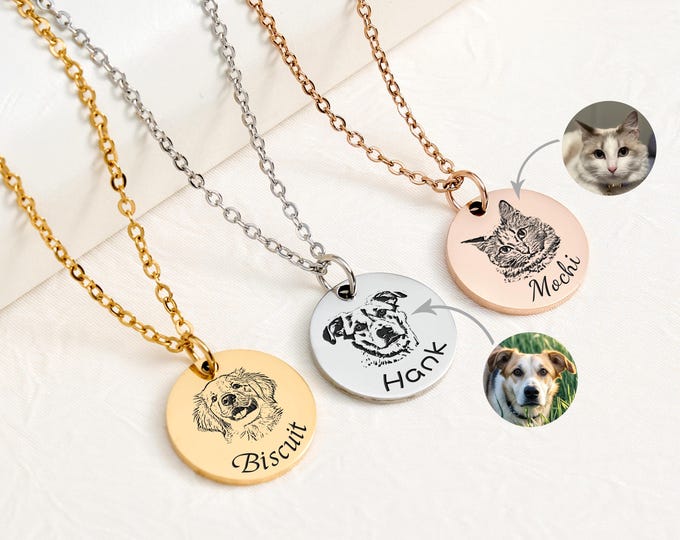 Personalized Pet Portrait Necklace, Custom Laser Engraved Cat Necklace with Photo or Name, Memorial Jewelry Customized Gifts for Dog Mum