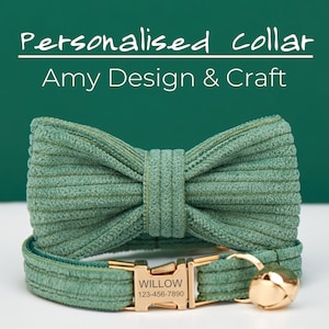 Green Corduroy Velvet Personalized Cat Collar with Bow tie,Silent Kitten Name Tag,Gold Bell & Hardware,Small Dogs Collar UK Free Shipping
