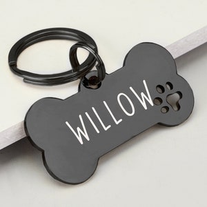 Hunde-ID-Tag, individuell graviertes Hunde-Namensschild, hochwertige Hundemarke mit personalisiertem Logo, schwarze Hundemarke mit Namen, Telefonnummern für Hunde, Knochen-Hundemarke Bild 1