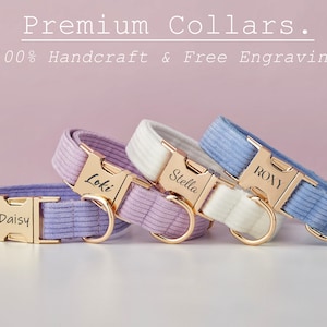 Multiple Colour Corduroy Personalise Dog Collar Leash Set with Bow,BlueWhiteLilac,Engraved Pet Name Plate Metal Buckle,Wedding Puppy Gift image 3