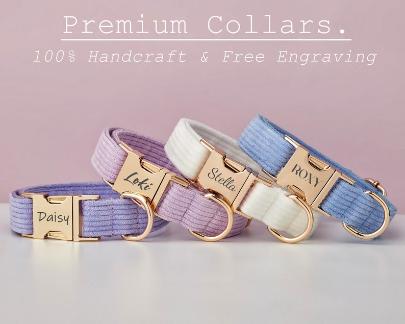 Multiple Colour Corduroy Personalise Dog Collar Leash Set with Bow,BlueWhiteLilac,Engraved Pet Name Plate Metal Buckle,Wedding Puppy Gift image 3