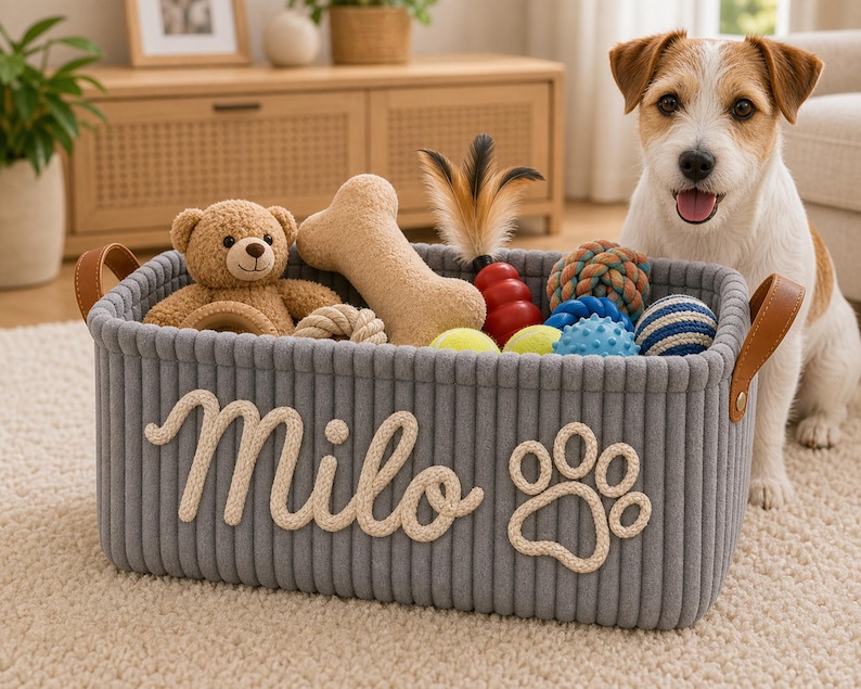 May include: A rectangular grey rope storage basket featuring the name Milo and a paw print design in cream-colored rope. The basket has tan leather handles and is filled with various dog toys, including a teddy bear, a bone, and balls.