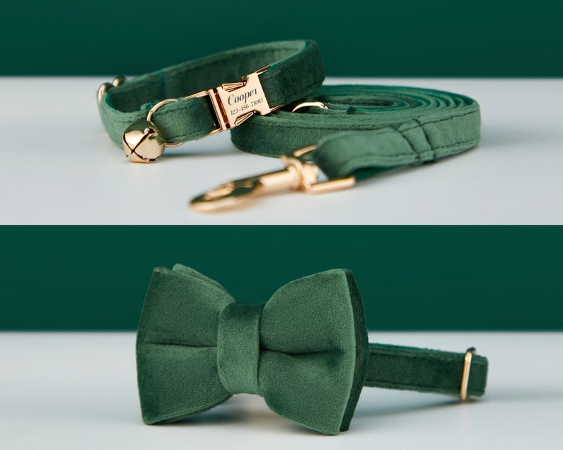 Wald Samt Personalisierte Katze & Kleiner Hundehalsband Bowtie Leine-Set, individuell graviertes Kätzchen-Welpe-Namensschild, kostenlose Goldglocke, männliches weibliches Haustier-Geschenk Bild 3