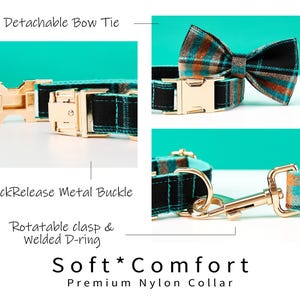 Op de afbeelding: Premium nylon hondenhalsband met een afneembare vlinderdas. De halsband heeft een metalen snelsluiting en een draaibare sluiting met een gelaste D-ring. Zwart basispatroon met een ruitpatroon in teal, oranje en bruin.