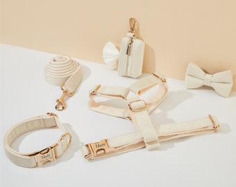 Creme Samt Hundegeschirr und Leine Set, Personalize Step In WelpenGeschirr+ Halsband+Fliege+Poo Taschenhalter, No Pull Hochzeit Harness Bundle