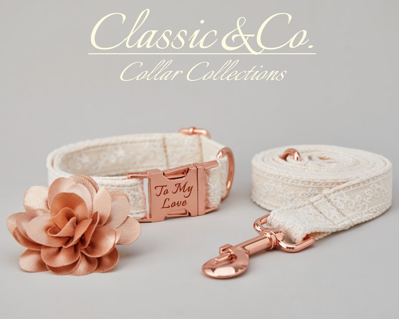 May include: A white dog collar and leash set with a rose gold buckle and a matching rose gold flower charm. The collar has the text "To My Love" engraved on the buckle. Classic & Co. Collar Collections.