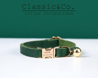 Genuine Cowhide Leather Silent Cat Collar Personalized, Solid Kitten Collar with Engraved Metal Buckle+Free Name Tag, Unique Gift