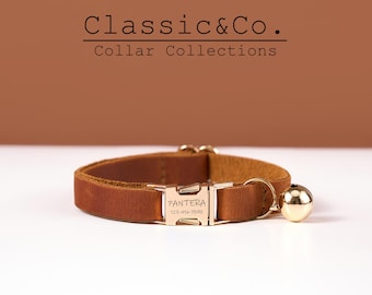 Custom Genuine Leather Engraved Cat Collar with Bell, Kitten Collar with ID or Name, Personalized Tag Collar Brown+Tan+Orange for Pets