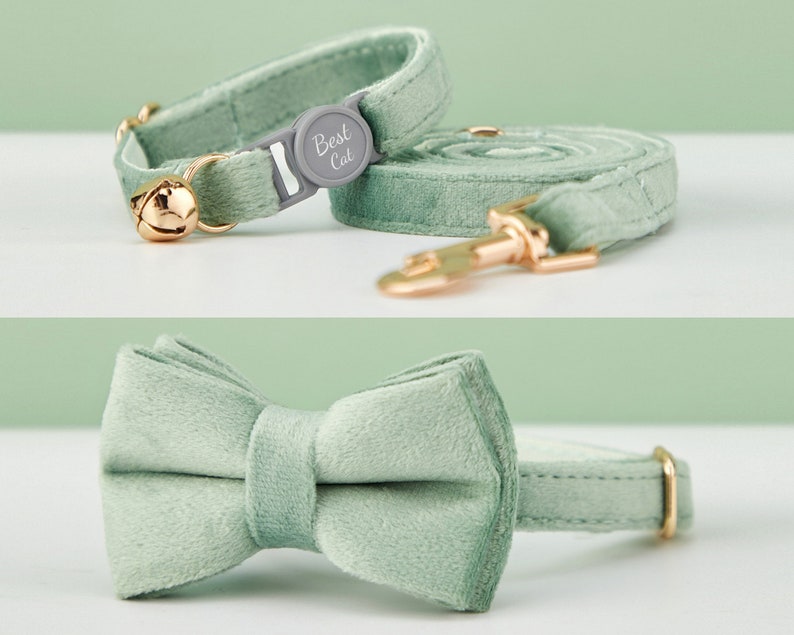 Breakaway SageGreen Velvet Personalized Cat Collar Bowtie Leash Set,Custom Engraved Kitten Name Safety Buckle,Free Gold Bell,Female Pet Gift image 3