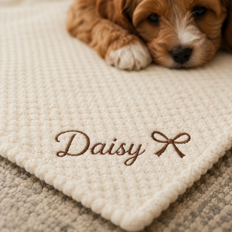May include: A cream-colored textured blanket featuring the embroidered name Daisy in brown script lettering, accompanied by a small brown embroidered bow icon. The fabric has a raised, waffle-like pattern throughout the surface of the material.