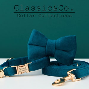 Teal Velvet Personalized Cat & Small Dog Collar Bow Tie Leash Set,Free Engraved Kitten Puppy Name Tag,Gold Bell,Pet Birthday Gift