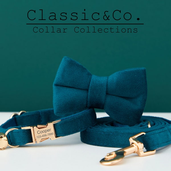 Teal Velvet Personalized Cat & Small Dog Collar Bow Tie Leash Set,Free Engraved Kitten Puppy Name Tag,Gold Bell,Pet Birthday Gift