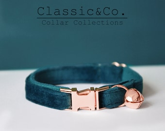 Teal Velvet Personalized Cat & Small Dog Collar Bow Tie Leash Set,Custom Engraved Kitten Puppy Name Tag,Free Gold Bell,Male Female Pet Gift