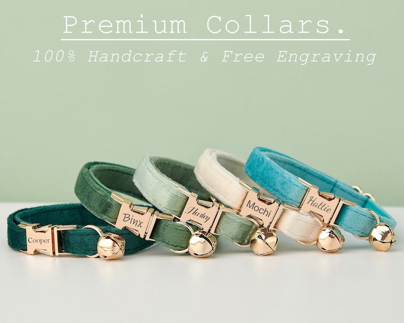 K&ouml;nnte beinhalten: F&uuml;nf Samtkatzenhalsb&auml;nder in verschiedenen Farben mit goldfarbenen Schnallen und gravierten Namen: Cooper, Binx, Harley, Mochi und Hattie. Die Halsb&auml;nder sind in einer Reihe auf einem hellgr&uuml;nen Hintergrund angeordnet. Premium-Halsb&auml;nder. 100&nbsp;% handgefertigt & kostenlose Gravur.