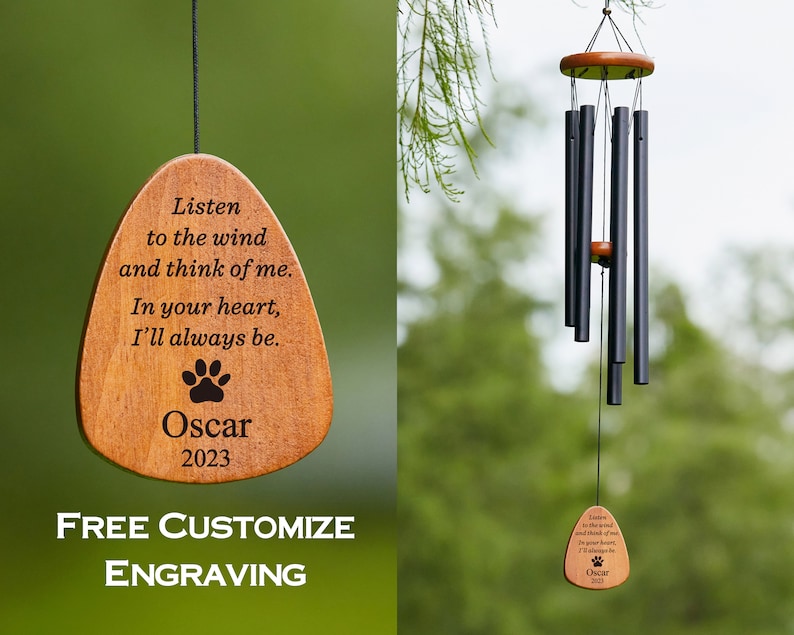 Black Double Side Personalized Engrave Pet Memorial Outdoor Wind Chime-Pet Lose Remenbering Gift-Outside Sketch Dog Cat Loss Sign for Garden zdjęcie 1