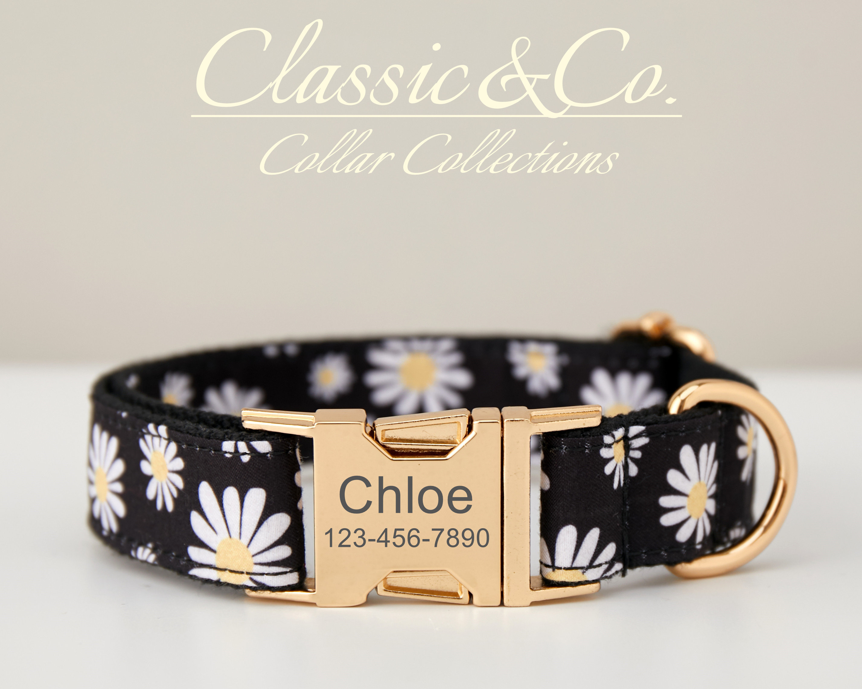 Daisy Floral Personalized Dog Collar Bow Tie Leash Set,Custom Engraved Pet Name Metal Buckle,Lilac Birthday Puppy Gift,FREE Shipping