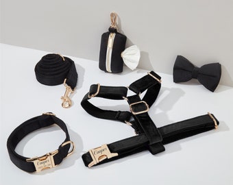 Ensemble de harnais et de laisse pour chien en velours noir, personnalisez step in Puppy Harness + Collar + Bowtie + Poo Bag Holder, No Pull Wedding Harness Bundle