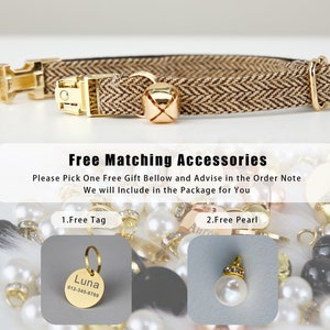 May include: A brown and beige herringbone patterned cat collar with a gold buckle and a gold bell. The collar is displayed with two free gift options: a gold tag with the text "Luna 012-345-6789" and a white pearl charm with a gold clasp.
