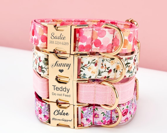 Multiple Colour Floral Personalized Dog Collar Bowtie Leash Set, Custom Engraved Puppy Name Plate Metal Buckle, Pink Collar for Pets Gift