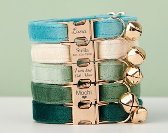 Luxe fluweel groen blauw gepersonaliseerde kattenhalsband strikje riem set, aangepaste kitten puppy naamplaatje, gratis gouden bel, kleine hond gegraveerd huisdier cadeau